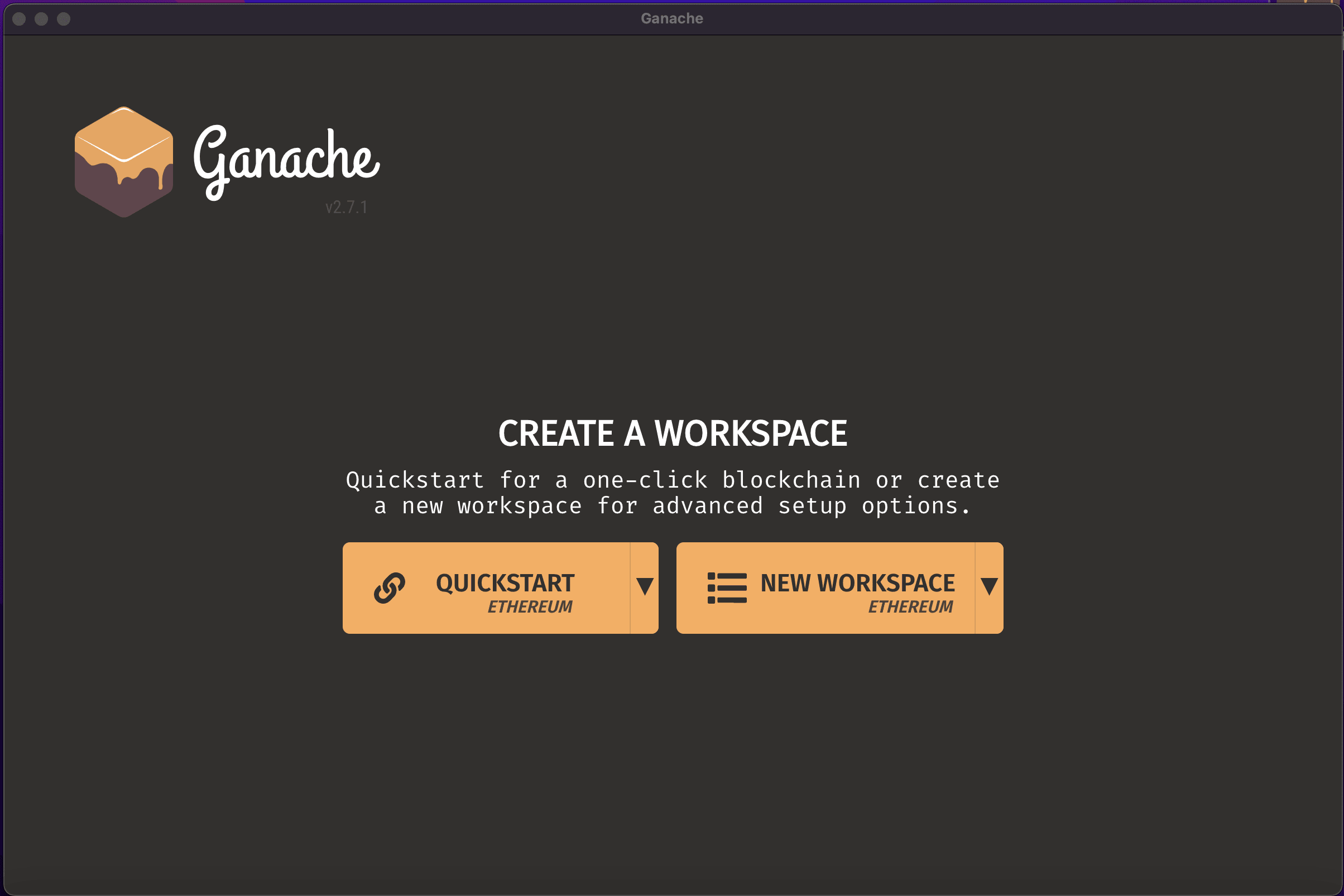 "Create a workspace" screen, the first screen when running "ganache"